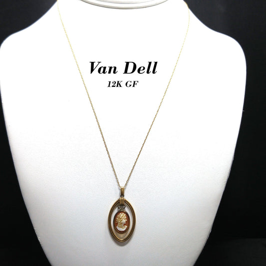 Van Dell Hand-Carved Shell Cameo Necklace – 14K Gold Chain, 1940s Vintage