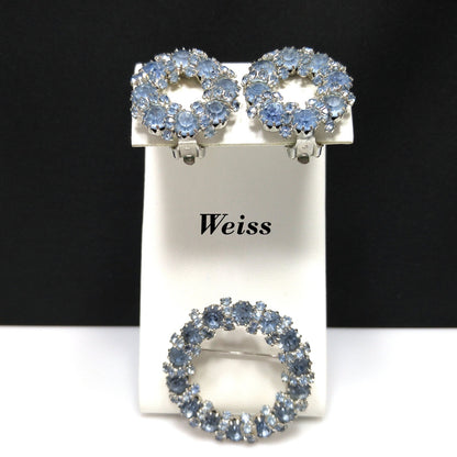 Vintage Weiss Wreath Rhinestone Brooch & Earrings, Light Blue Rhodium Plated