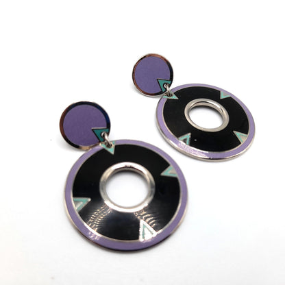 Laurel Burch "Summer Moon" Drop Earrings, Cloisonne Enamel, Rhodium Plate, Rare 1980s Vintage Jewelry