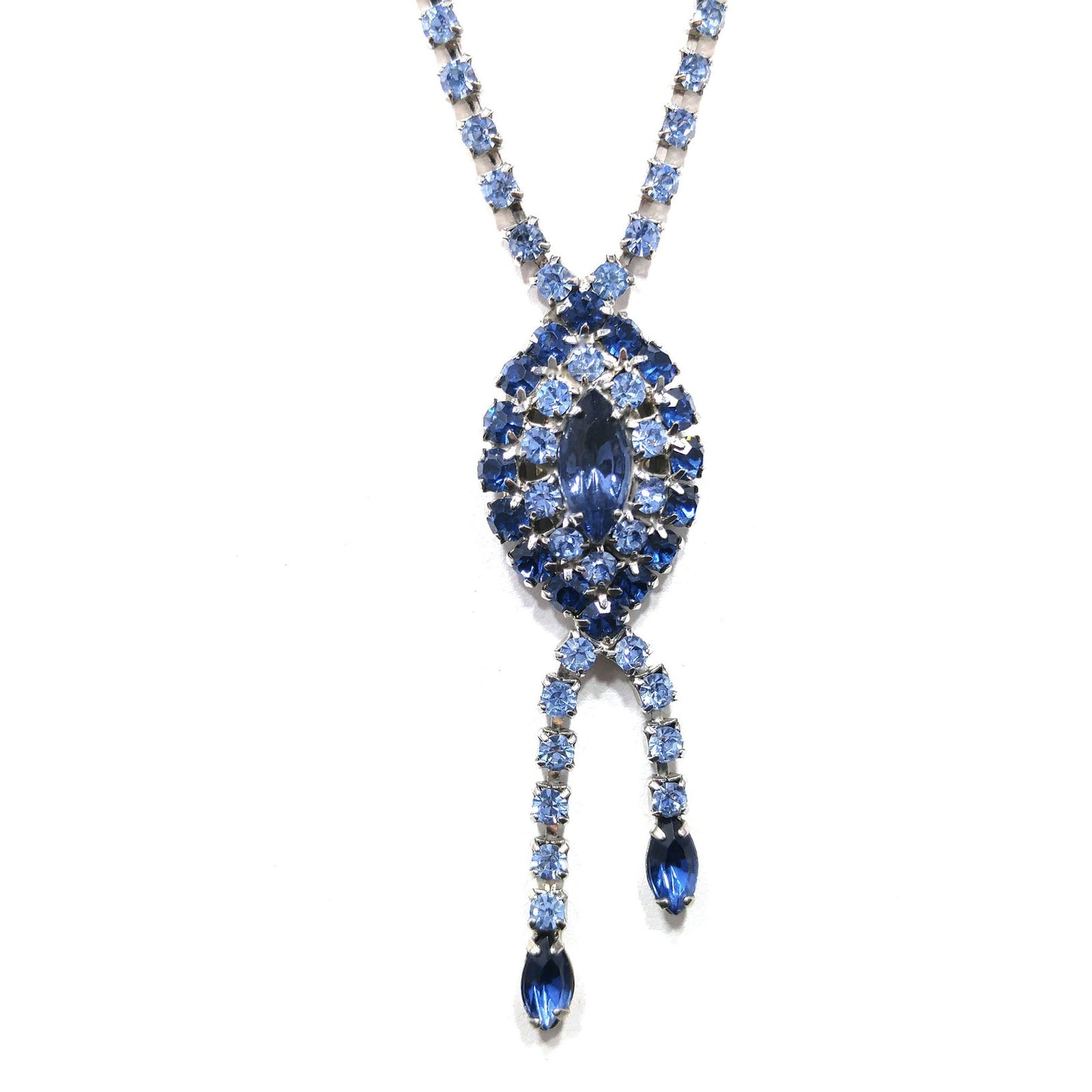 Mid Century Blue Rhinestone Rhodium Plated Necklace, Light & Dark Blue Rhinestones, 1960s Vintage Jewelry