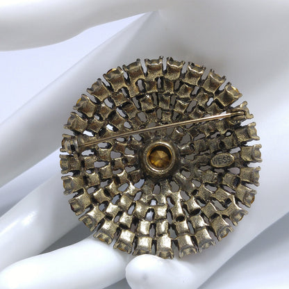 Vintage Weiss Red Pink Rhinestone Round Brooch, Gold Plated, 1950s