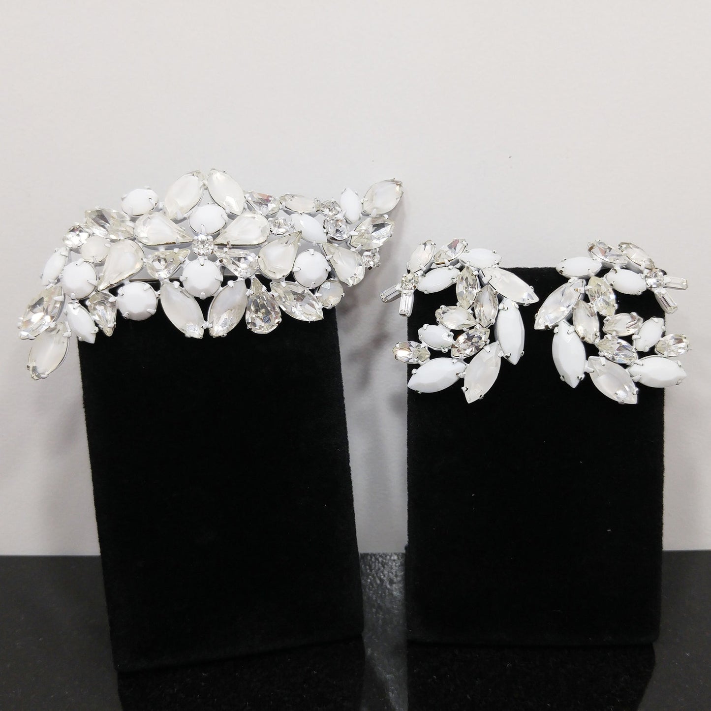 Regency Jewels White Enamel Brooch & Earrings Set, Milk Glass Clear Rhinestones