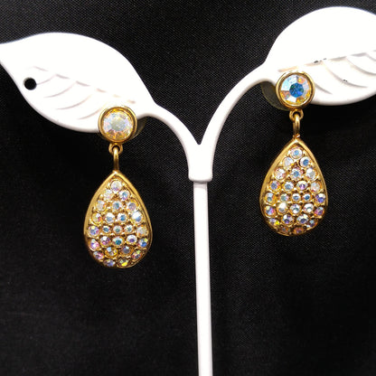 Vintage Swarovski Swan Logo Earrings – Aurora Borealis Crystal Teardrop Dangles