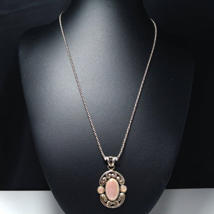 Barse Sterling Silver Pink Necklace, Large Pink Pearled Cabochon, 1990s Vintage Jewelry
