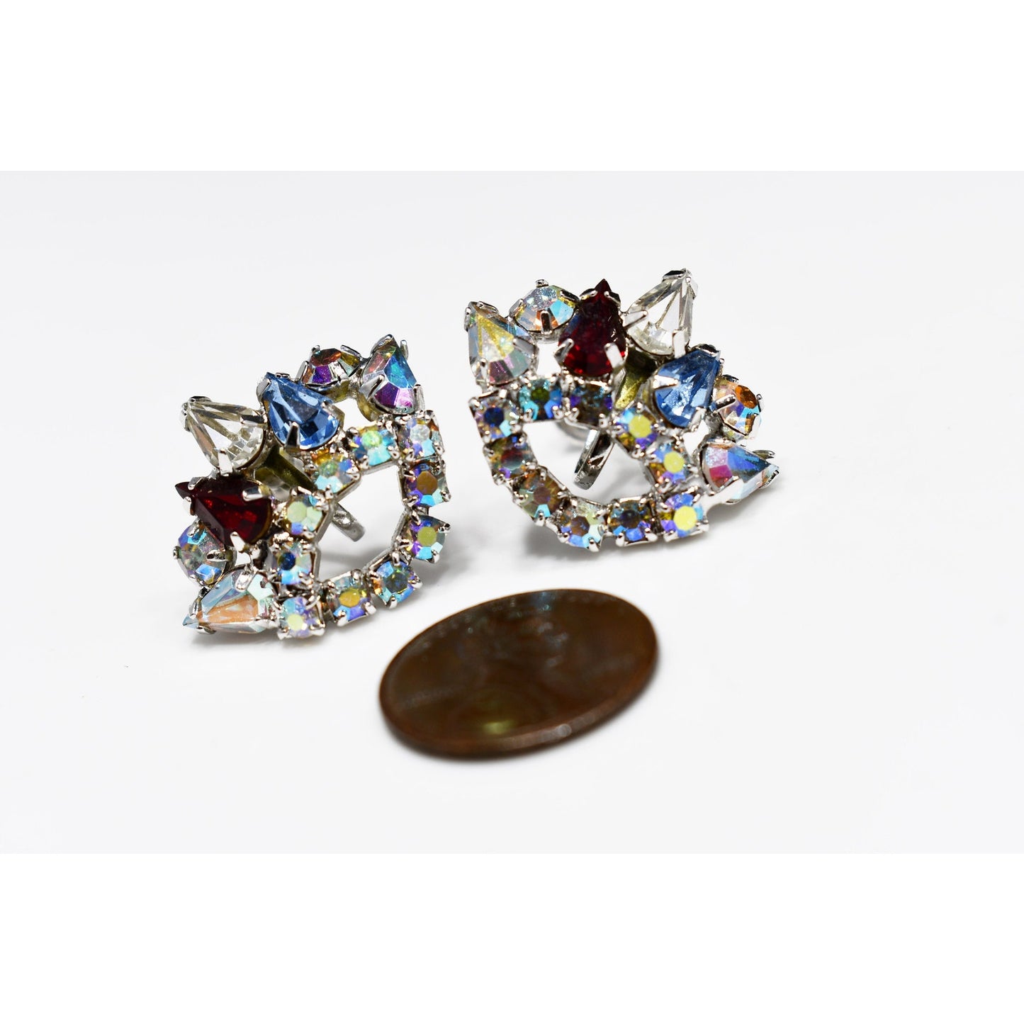 Rhinestone Crown Screw Back Earrings, Unsigned B. David, 1950s Vintage Jewelry