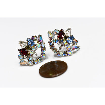 Rhinestone Crown Screw Back Earrings, Unsigned B. David, 1950s Vintage Jewelry