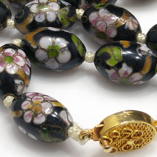 Vintage Cloisonné Beaded Necklace, Black Hand Painted Floral Beads, 1960s Vintage Jewelry