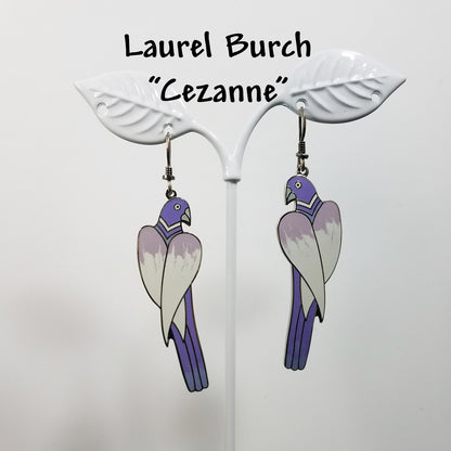 Laurel Burch "Cezanne" Parrot Earrings, Purple Lavender Cream Gray Enamel, Rhodium Plated Cloisonne Parrots, 1980s