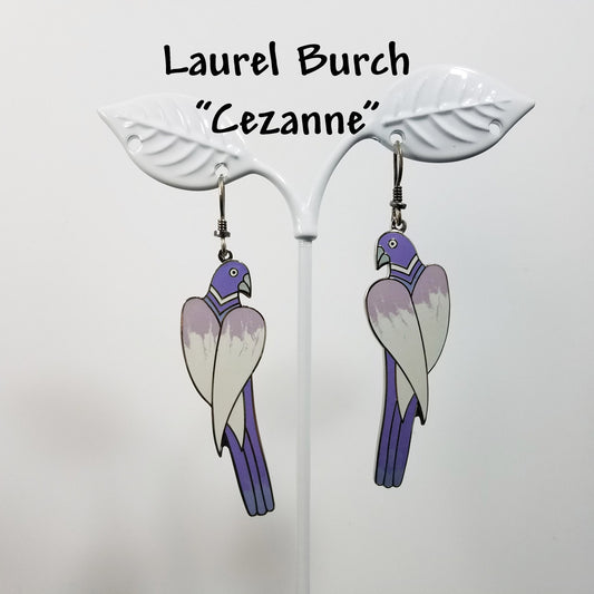 Laurel Burch "Cezanne" Parrot Earrings, Purple Lavender Cream Gray Enamel, Rhodium Plated Cloisonne Parrots, 1980s