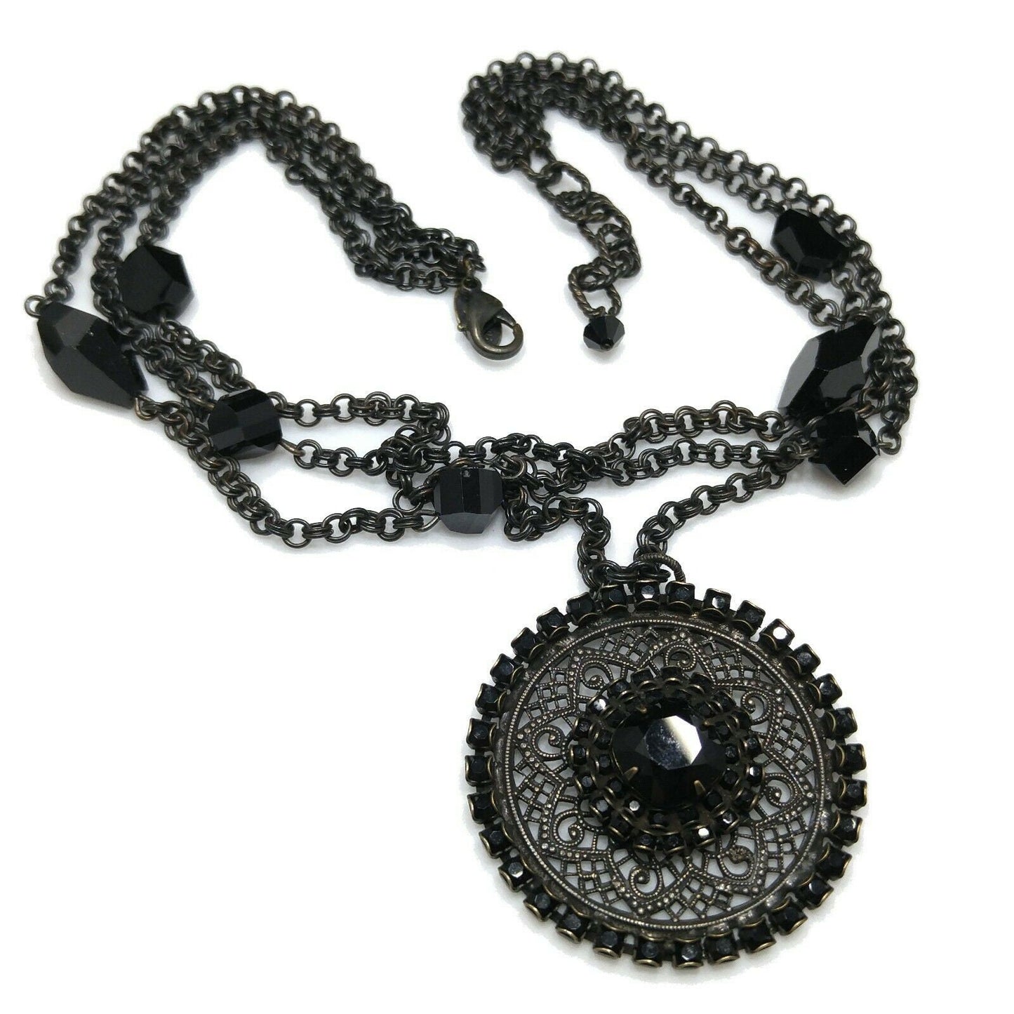 Liz Palacios Black Rhinestone Pendant Necklace, Multi-Strand, Vintage Jewelry