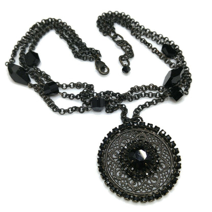 Liz Palacios Black Rhinestone Pendant Necklace, Multi-Strand, Vintage Jewelry
