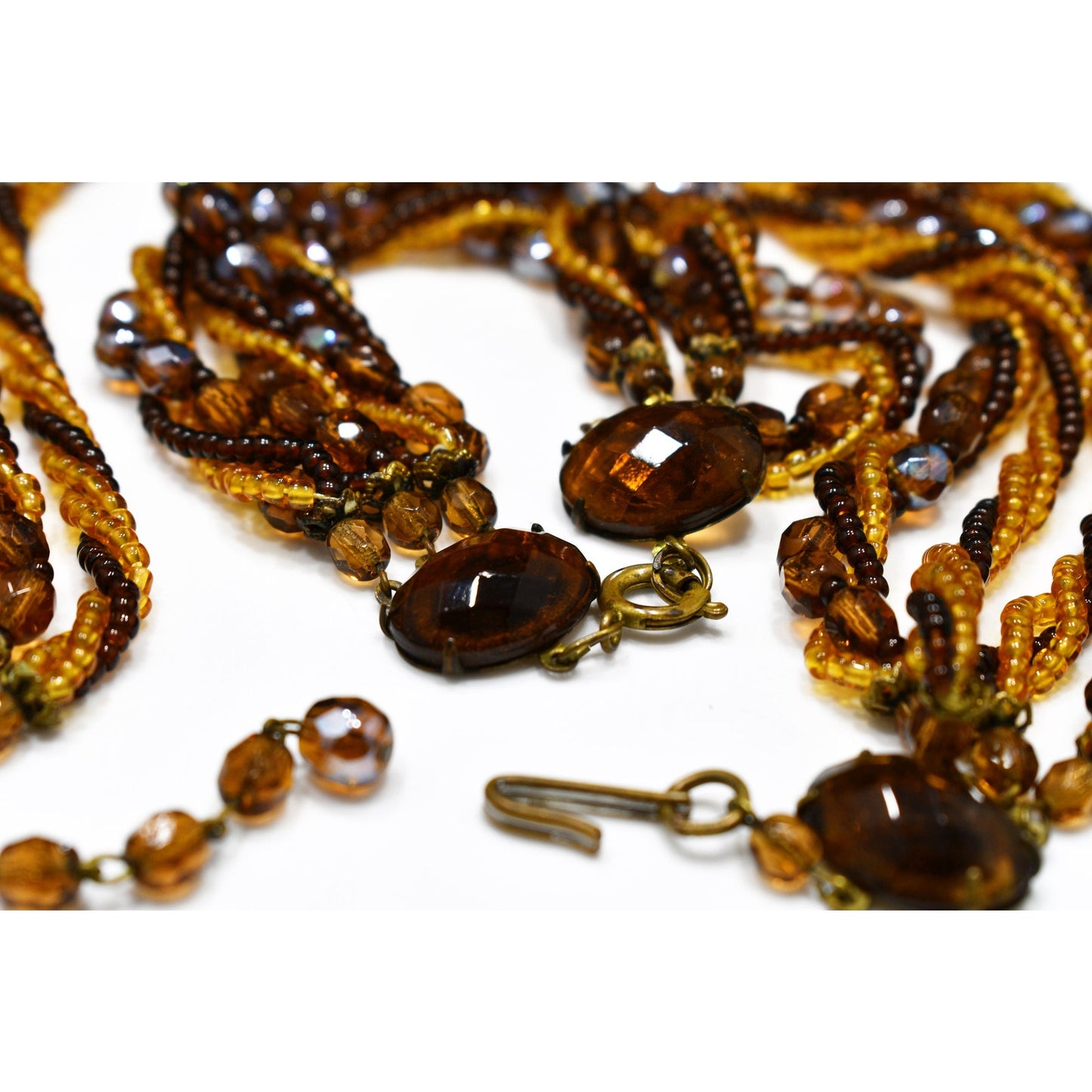 Vintage Czech Beaded Necklace & Bracelet Set, Topaz Fire Polished Beads, 1950s