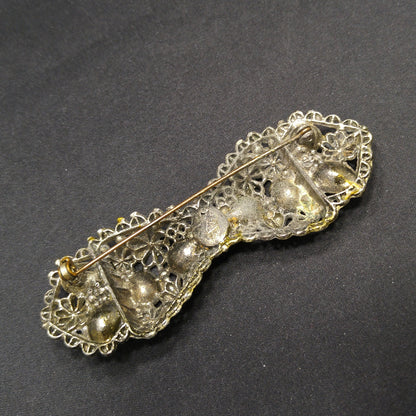 Vintage Rhinestone Floral Bow Brooch, Filigree Flowers, 1930s Jewelry
