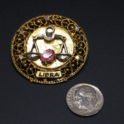 Arthur Pepper "Art" Libra Zodiac Brooch, Pink Rhinestone, 1960s Vintage Jewelry