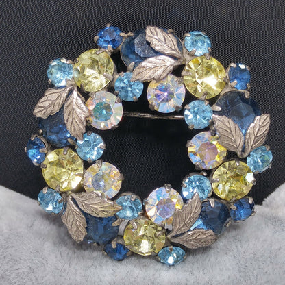 Vintage 1950s Crystal Rhinestone Wreath Brooch – Blue, Yellow, Aurora Borealis – Regency Style