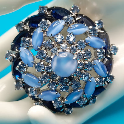 Vintage Blue Domed Rhinestone Brooch Light & Dark Blue Cabochon 1960s