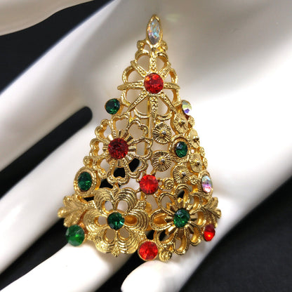 Mylu Christmas Tree Brooch, Gold Plated Floral Rhinestone Pin, 1960s Vintage Holiday Jewelry