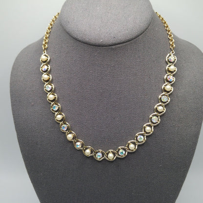 Mid-Century Faux Pearl AB Rhinestone Necklace, Aurora Borealis, 1960s Vintage Jewelry