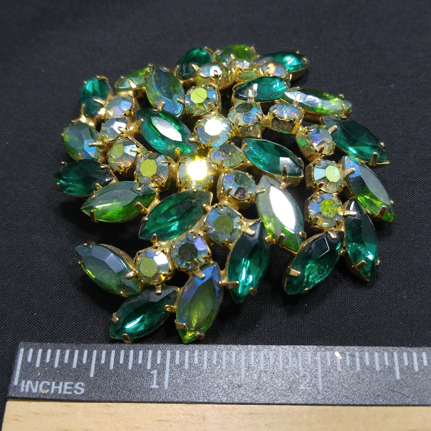 Green Aurora Borealis Rhinestone Brooch, Gold Plated, 1960s Vintage Jewelry