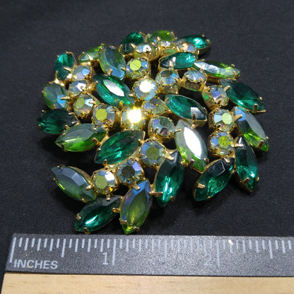 Green Aurora Borealis Rhinestone Brooch, Gold Plated, 1960s Vintage Jewelry