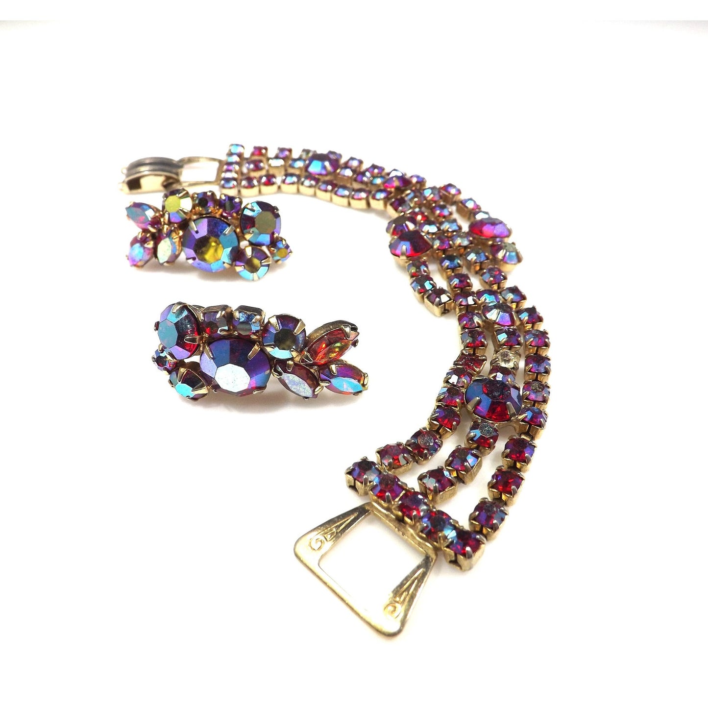 Red Aurora Borealis Bracelet Clip Earrings Set, 1960s Vintage Jewelry