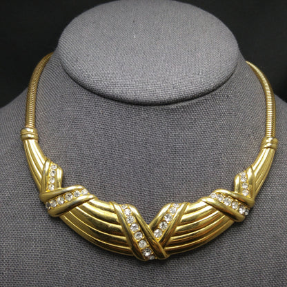 Monet Rhinestone Necklace, Gold Plated Snake Chain, 1960s Vintage Jewelry