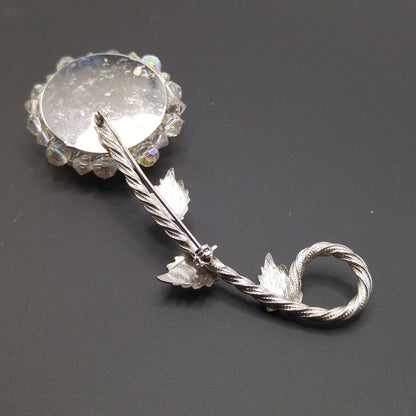 Vintage Austrian Crystal Flower Brooch, Aurora Borealis, Rhodium Plated Stem Leaves, 1960s Vintage Jewelry
