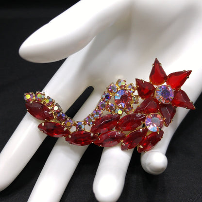 Red Rhinestone Floral Brooch, Juliana Style, 1960s Vintage Jewelry