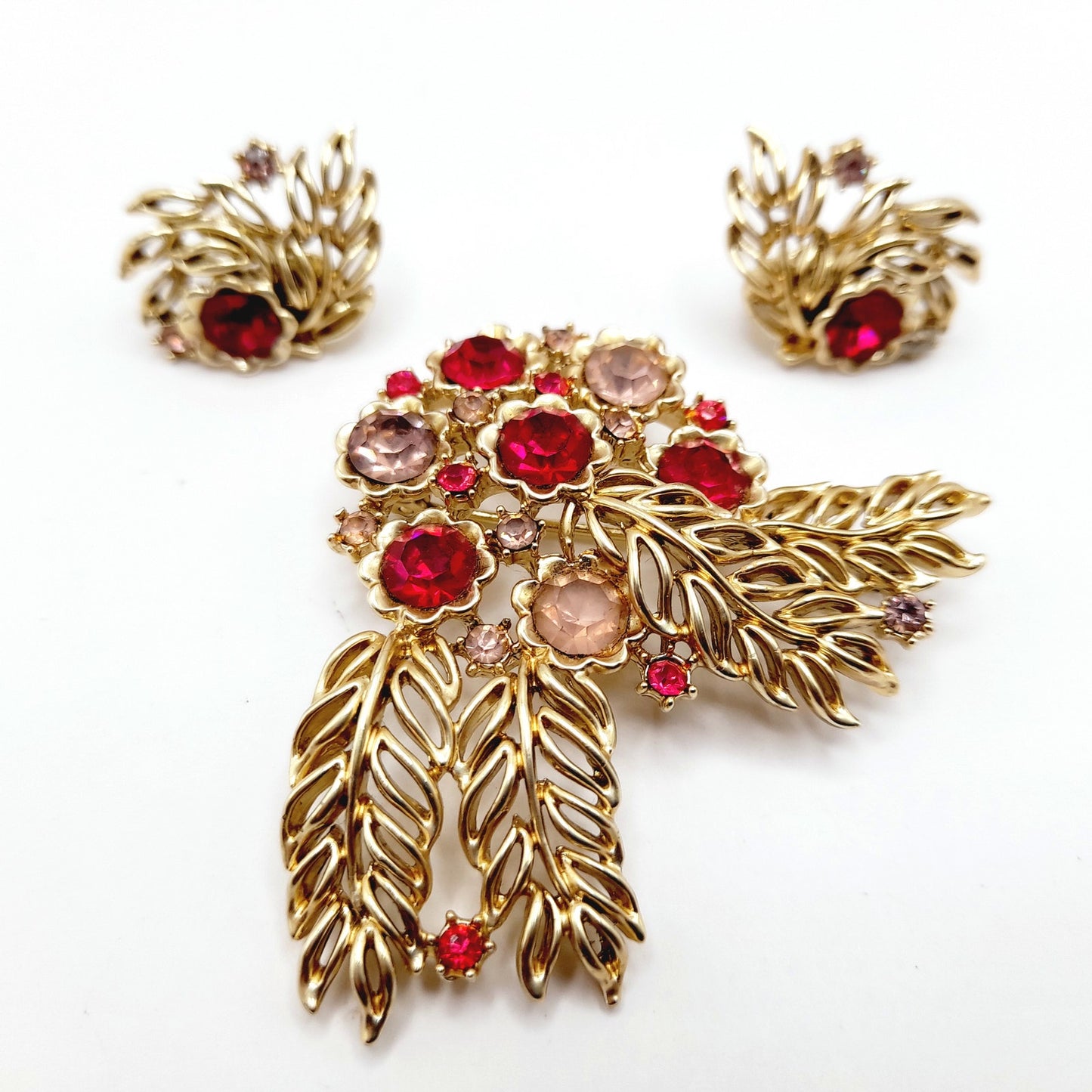 Vintage 1950s Pink Red Rhinestone Brooch Earrings Set, Gold Tone Floral Jewelry, Mid-Century Designer Statement Jewelry