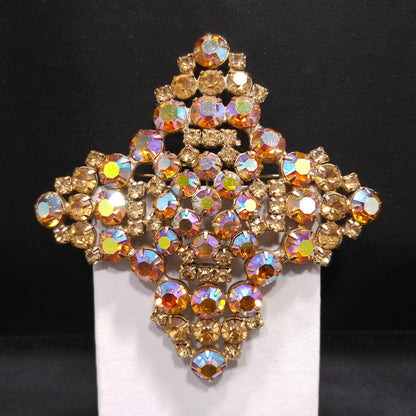 Topaz Glass Rhinestone Large Brooch, Aurora Borealis, 1960s Vintage Jewelry