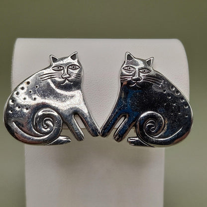 Vintage Laurel Burch Keshire Cat Clip Earrings, Rhodium Plated