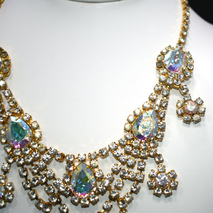 Aurora Borealis Rhinestone Frontal Necklace, Gold Plated, 21 Inches, 1970s Vintage Jewelry