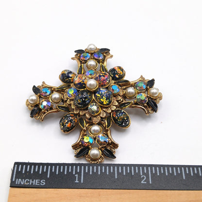 Vintage Maltese Cross Brooch, Foil Cabs, Faux Pearls AB Rhinestones, Vintage Jewelry