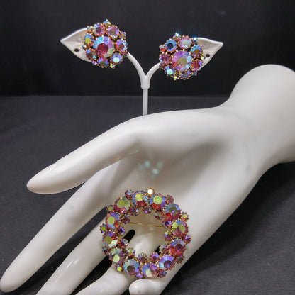 Kramer Pink Brooch Clip Earrings, Aurora Borealis, 1960s Vintage Jewelry
