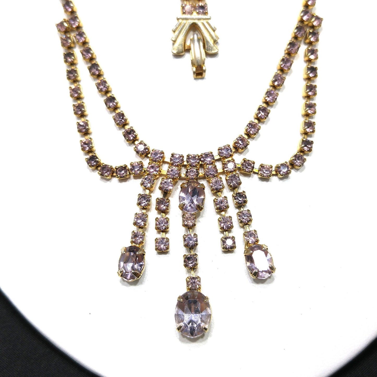 Vintage Lavender Rhinestone Festoon Necklace Bracelet Set, Gold Plated, 1950s Vintage Jewelry