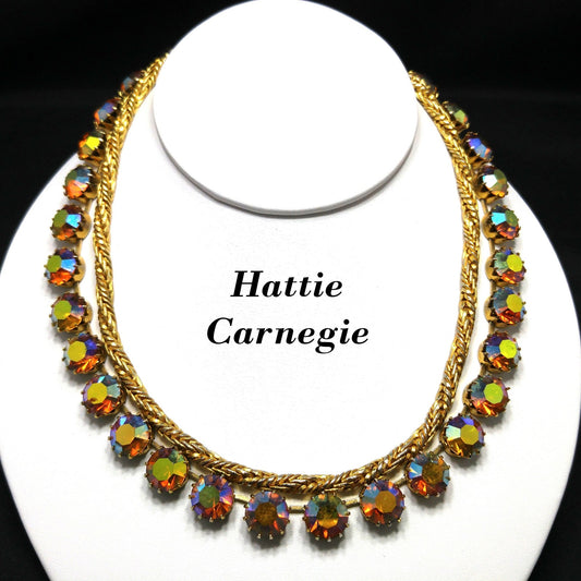 Hattie Carnegie Gold Rhinestone Necklace, Rope Chain Aurora Borealis, 1960s Vintage Jewelry