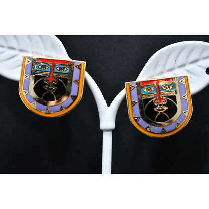Laurel Burch "Kubera" Mask Tribal Post Earrings, Cloisonne Enamel, 1980s