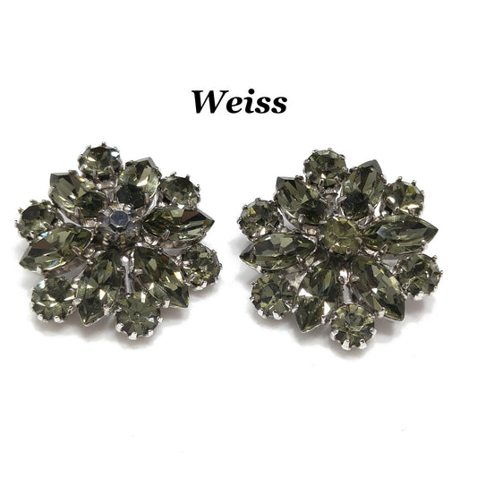 Weiss Dark Green Rhinestone Earrings, Silver Tone, Gold Plated, 1960 Vintage Jewelry