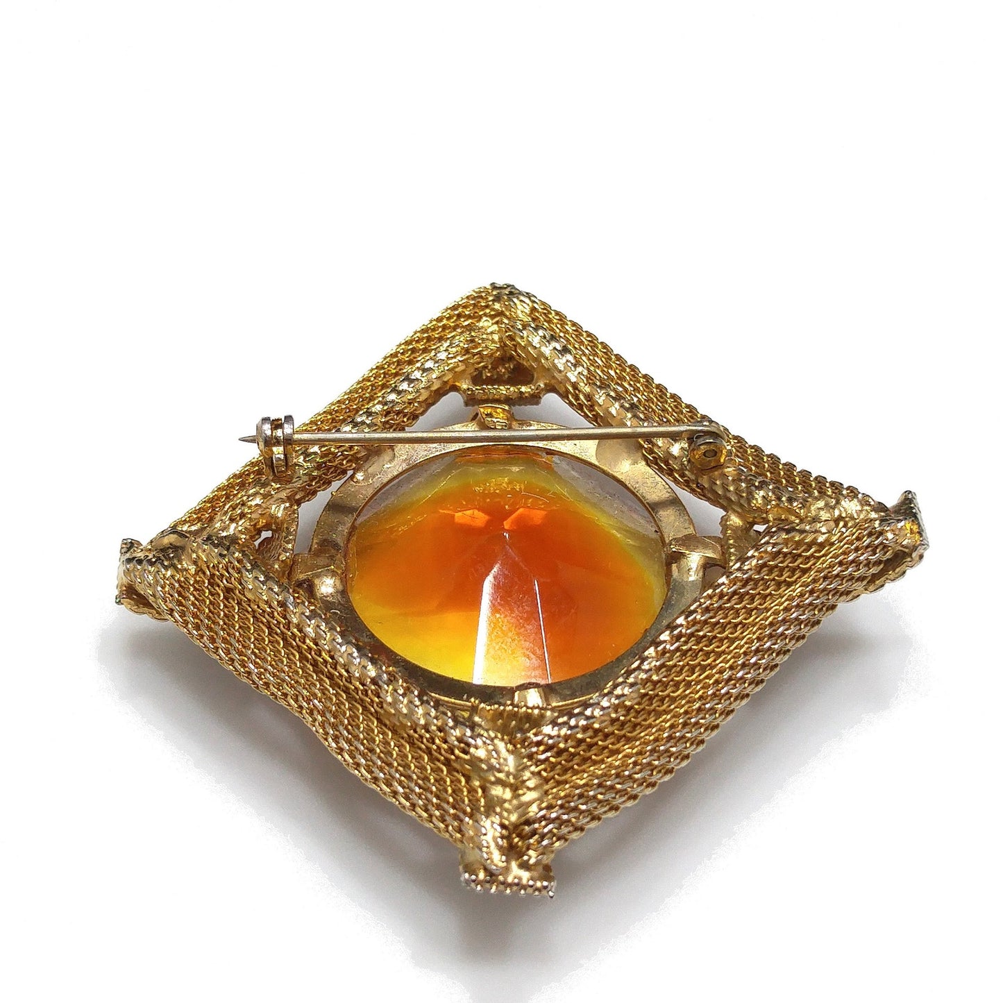Light Topaz Glass Large Stone Brooch, Gold Plated Mesh Frame, 1960s Vintage Jewelry