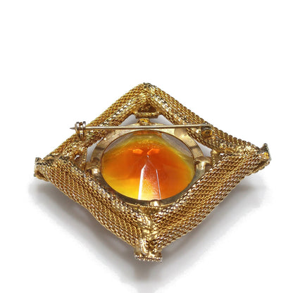 Light Topaz Glass Large Stone Brooch, Gold Plated Mesh Frame, 1960s Vintage Jewelry