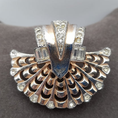 Vintage Marcel Boucher Numbered Fur Clip – Art Deco Fan Design with Rhinestones, Gold & Rhodium Plated Collectible Jewelry
