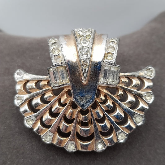 Vintage Marcel Boucher Numbered Fur Clip – Art Deco Fan Design with Rhinestones, Gold & Rhodium Plated Collectible Jewelry