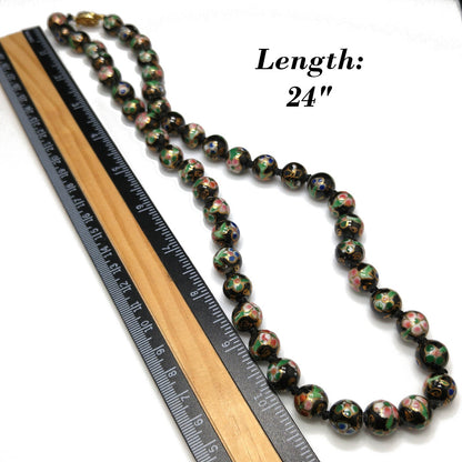 Vintage Black Cloisonné Floral Beaded Necklace, Pink Green Flowers, 1960s Vintage Jewelry