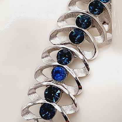 Vintage Crown Trifari Blue Rhinestone Bracelet – Rhodium Plated – 6.75 Inches
