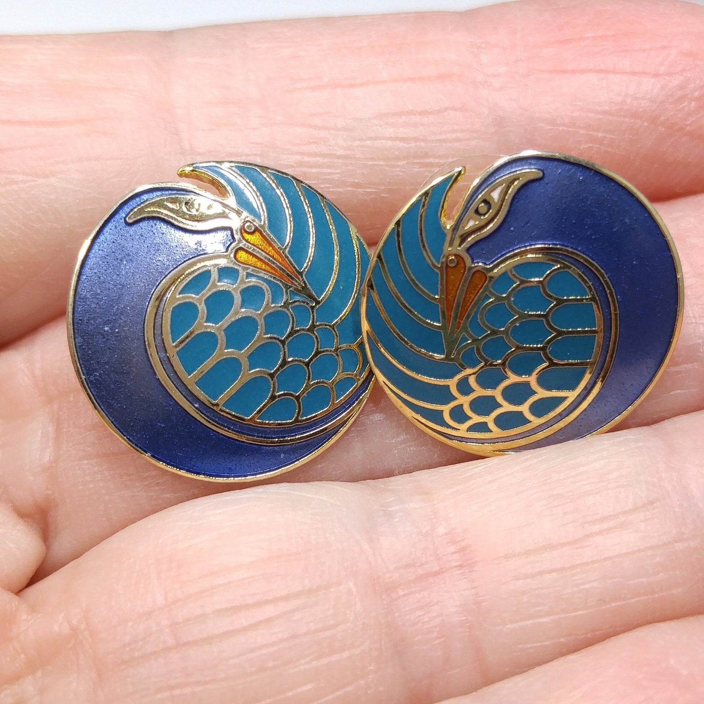 Laurel Burch "Mynah Bird" Blue Post Earrings, Gold Plated Cloisonné, 1980s