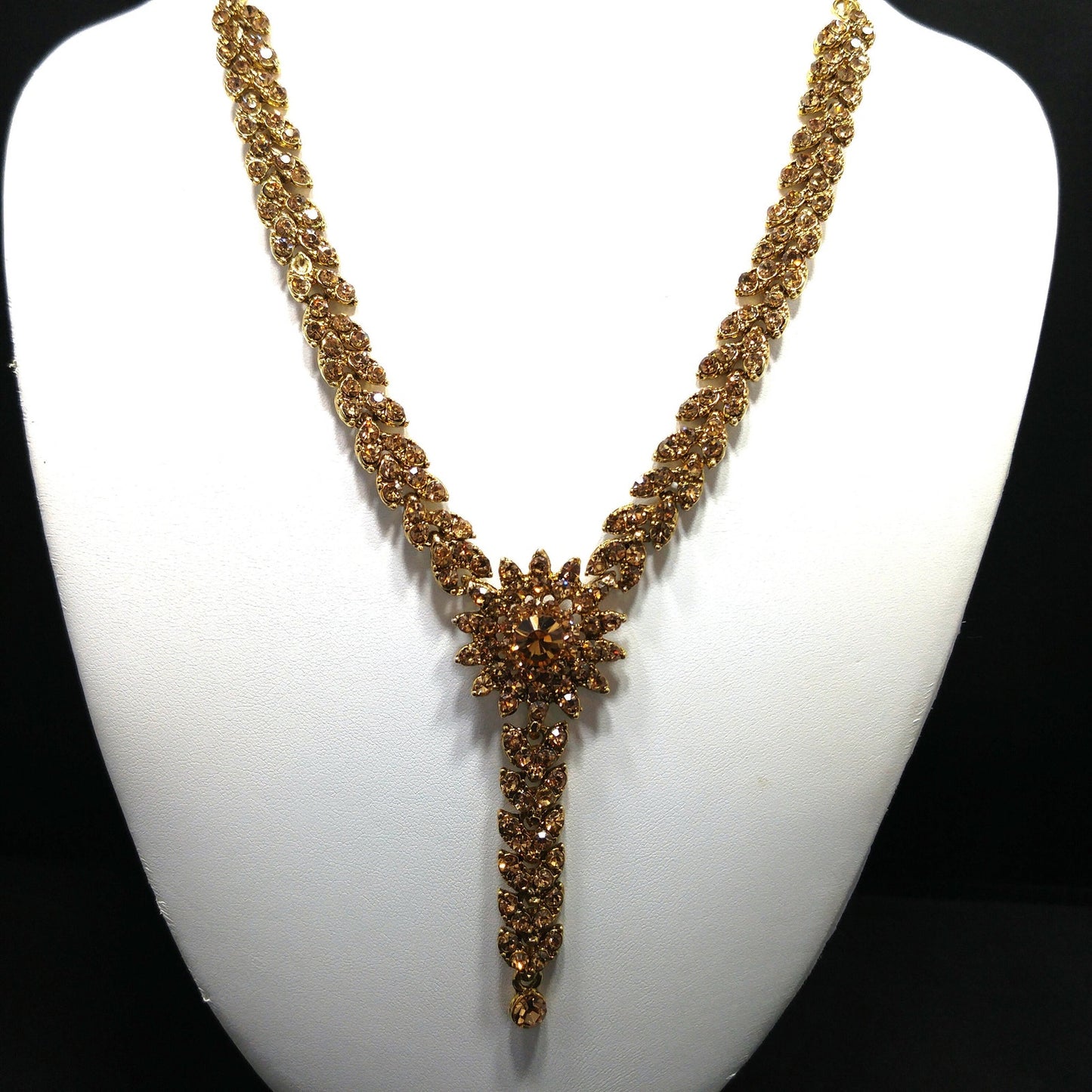 Light Topaz Rhinestone Necklace Post Earrings Set, Gold Plated, 1990s Vintage Jewelry