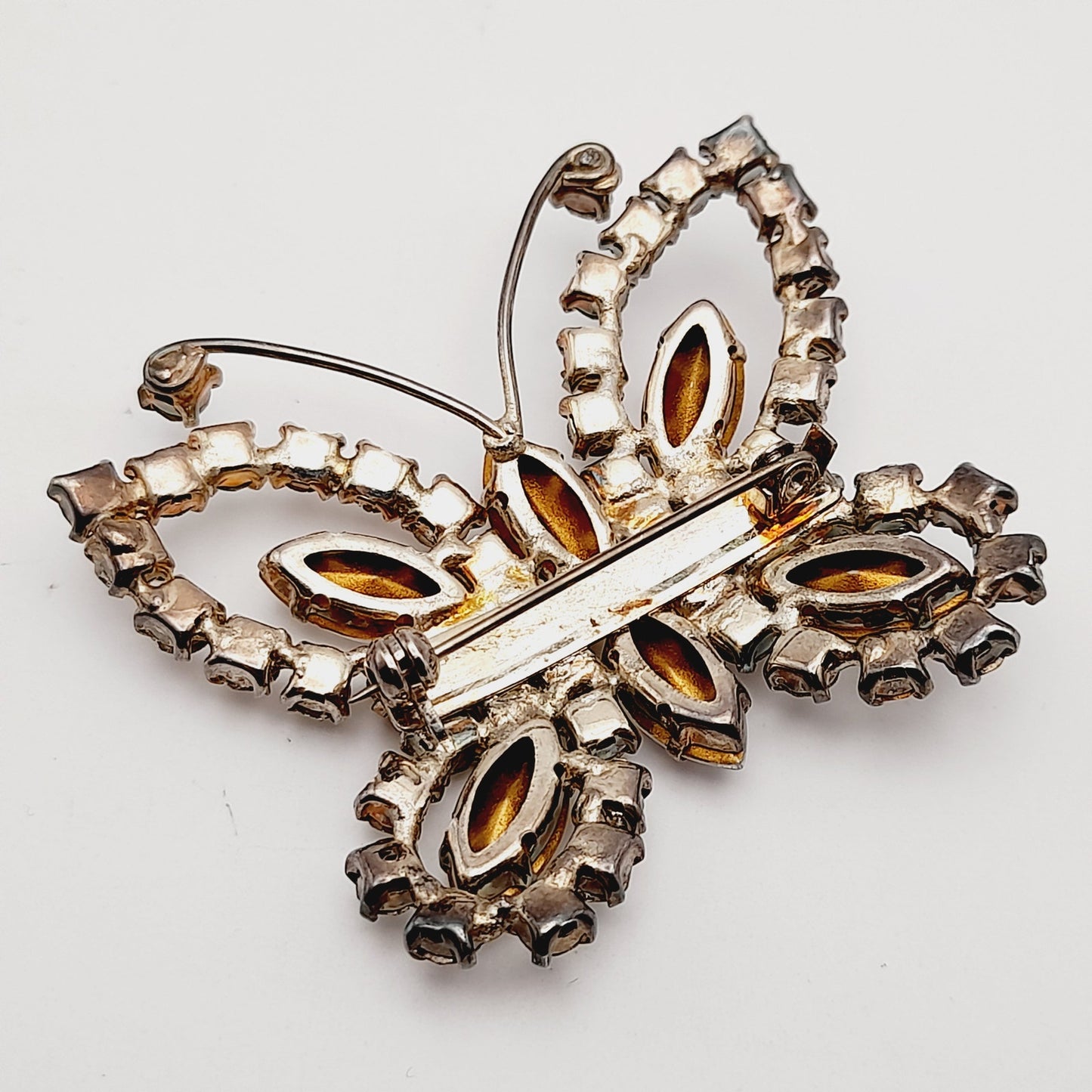 Vintage Mid-Century Clear Rhinestone Butterfly Brooch Pin Silver Tone