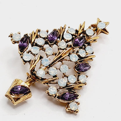 WEISS Opalescent & Purple Rhinestone Christmas Tree Brooch Vintage Holiday Pin