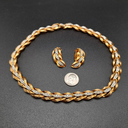 Vintage Clear Rhinestone Gold Tone Necklace Earrings Set, 1960s Vintage Jewelry