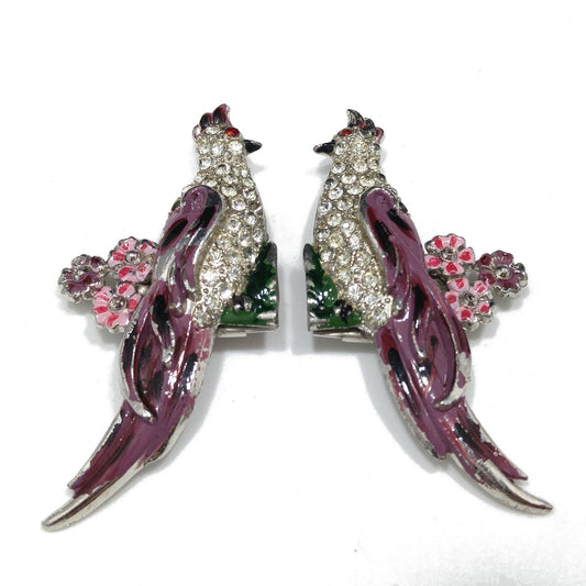 Duette Bird Brooches, Unsigned, Coro Style, Set of Two, Rhinestone and Enamel, 1940s Vintage Jewelry